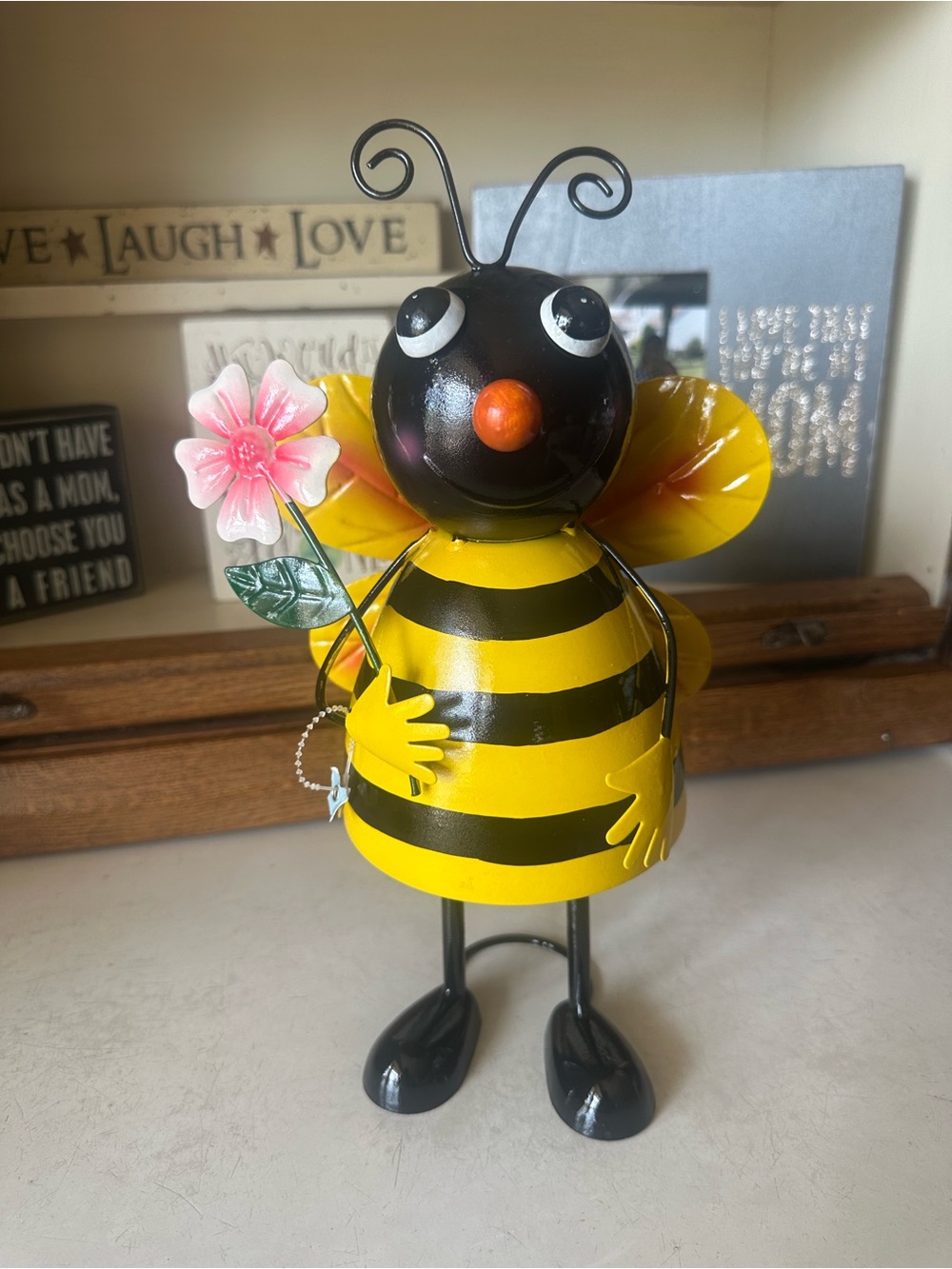 Metal Bumblebee Figurine with Pink Flower